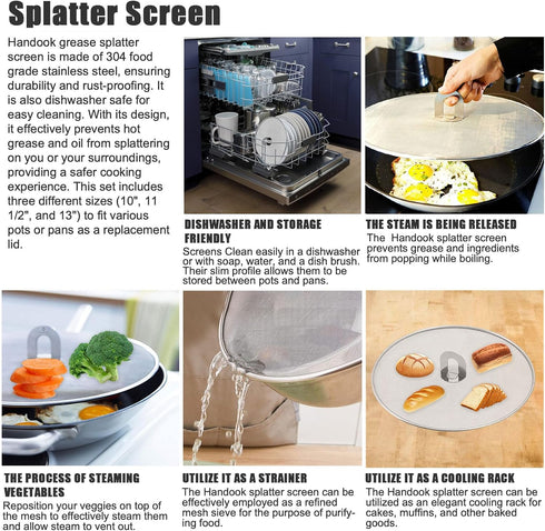 Splatter Screen for Cooking - Set of 3 Stainless Steel Grease Splatter Guard for Frying Pan, No Cooking Oil Mess
