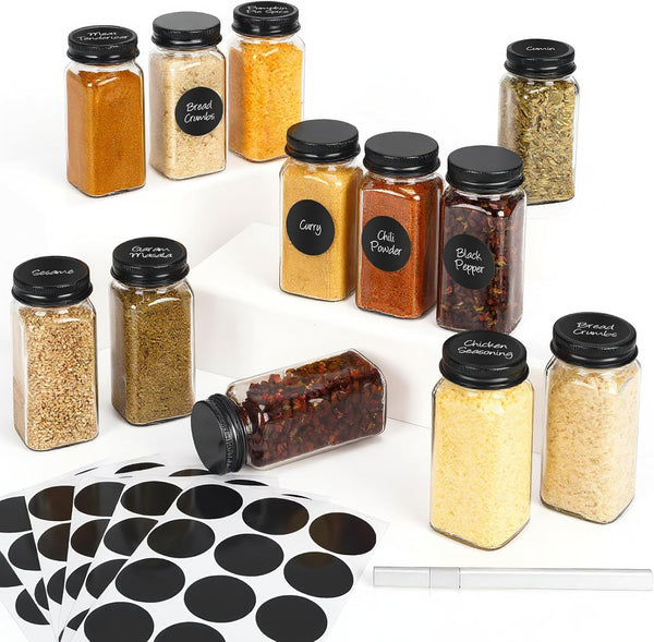 DIDITIME 12Pcs Spice Jars with Label, 4oz Empty Square Seasoning Containers, Spice Jars