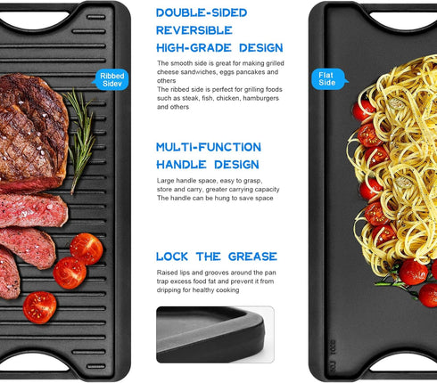 GGC Cast Iron Reversible Griddle, 2-in-1 Griddle Pan for Gas Stove Tops, 20 x 10.5 Flat and Ribbed Plate