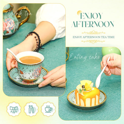 20 Set Set 6 Pcs Porcelain Tea for Adults with Metal Holder and Spoon European Ceramic Tea Party Flower Painting Teapot