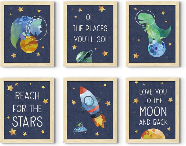 ArtbyHannah Framed Dinosaur Wall Art, 6 Pack 8x10 Inch Nursery Wall Decor