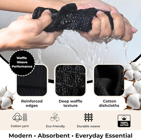 13"x13" Set 12 Kitchen Dish Cloths for Washing Dishes - Waffle Weave Cotton Dish Rag Towel - of Black Kitchen Washcloth