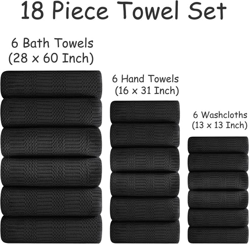 18 Set-6 Sheets,6 Towels,6 Set Pcs Black Woven Family Towels Bath Hand Washcloths Soft Polyester Towels Absorbent