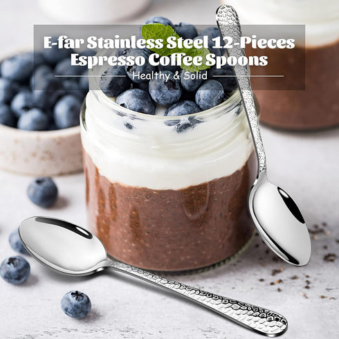 E-far 12-Piece Stainless Steel Coffee Spoons - 6-Inch Espresso Spoons with Hammered Design, Dishwasher Safe