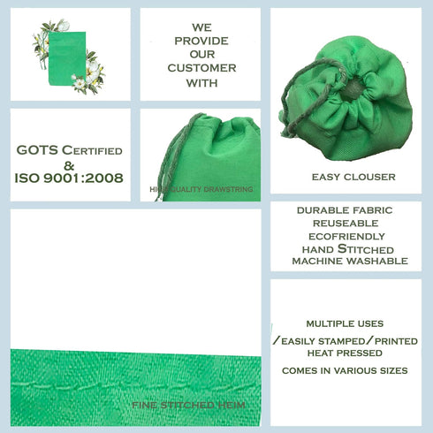 Green Cotton Christmas Drawstring Bags Eco-Friendly 145 GSM (6x8 in 25 pcs) Small Gift Bags for Kitchen & Grocery