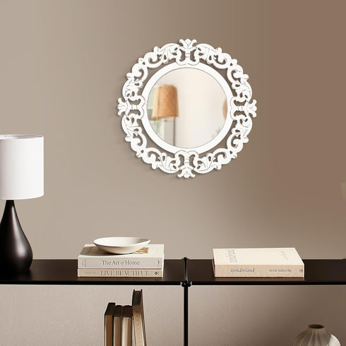 Round Wall Mirror, Hand Carved Rustic Farmhouse Accent Mirror, 14x14 Inch White Antique Entry Mirror for Bathroom