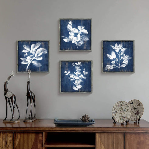 White Botanical Wooden Wall Art, Rustic Framed Artistic Plant Leaves Picture (16 x 16 x 4 pcs)