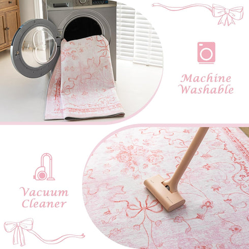 REBBORUG 4x6 Pink Rug for Office Under Desk Rolling Chairs - Small Classroom Rug Reading Corner,Washable Bow Floral