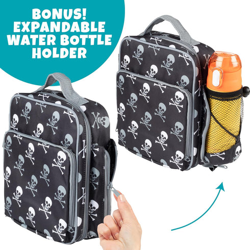 Kids Pirate Insulated Lunch Box with Snack Pocket & Water Bottle Holder - Reusable Bag for Back to School