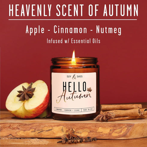 Fall Candles - 'Hello Autumn' Fall Candle w/Apple, Cinnamon & Nutmeg I Infused with Essential Oils I Autumn Fall Scented Candles I Cozy Cute Fall Décor Fall Gifts I 9oz Jar I 50Hr Burn I Made in USA