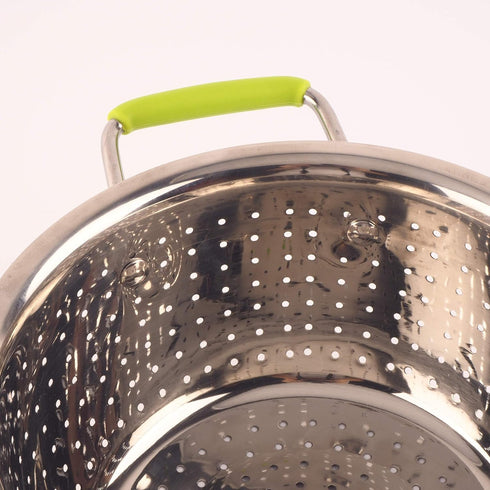 Stainless Steel Deep Colander, 2.5 Quart Micro-perforated Food Strainer with Green Silicone Handles for Draining Pasta