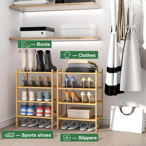kiplant 4-Tier Closet, Small Shoe Rack, Bamboo Wood Shoe Rack for Entryway, Stackable Shoe Organizer for Hallway Free