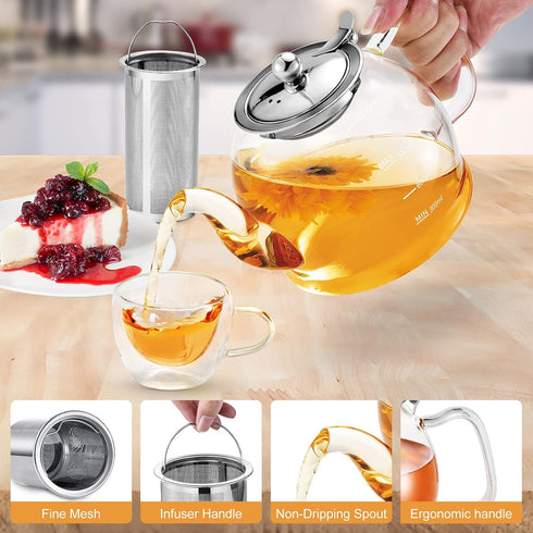 Glass Teapot, 40oz with Removable Infuser, Clear Borosilicate Glass for Blooming and Loose Tea