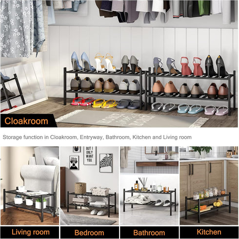 Shoe Rack, 2-Tier Bamboo Stackable Shoe Shelf Storage Organizer for Closet, Entryway and Hallway