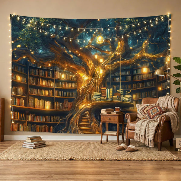 GOAOK Fantasy Library Tapestry For Classroom, Mysterious Tree Magic Bookshelf Aesthetic Tapestries,