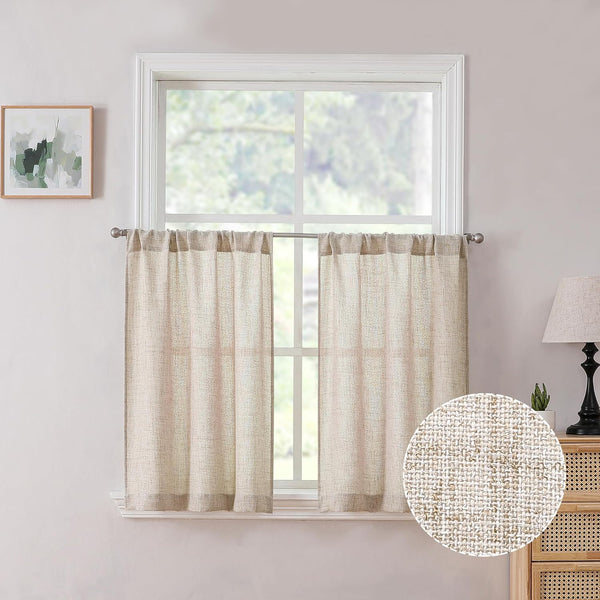 Tollpiz Linen Tier Curtain Rod Pocket, Semi Sheer Half Kitchen Curtains, Light Filtering Thick Drape, 30 x 36 inches,