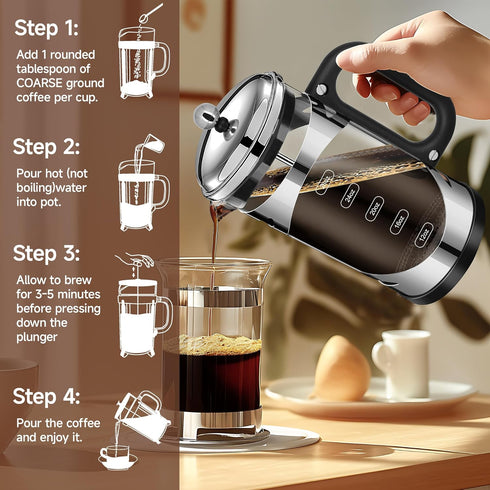 34 Ounce French Press Coffee Maker, Chromium Stainless Steel with 4-Level Filter System, Borosilicate Glass