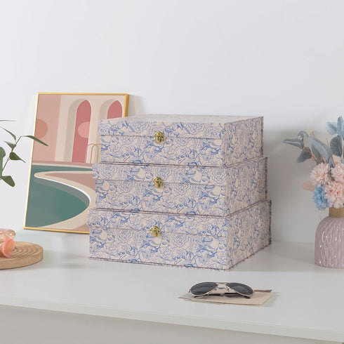 Soul & Lane Blue and White Floral Cardboard Decorative Storage Boxes with Gold Hardware - Set of 3, Aviary Garden for