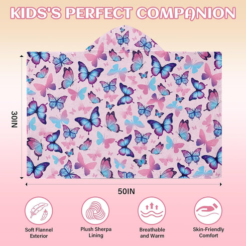 JOPJOLIW 30" 50", Butterfly Hooded Towel for Kids, Blue Pink Butterfly Poncho Blanket for Toddlers x Soft Flannel