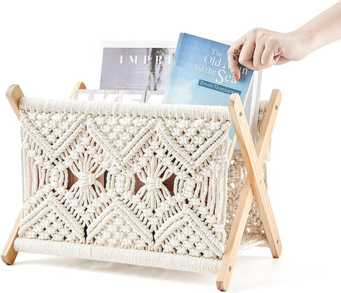14L 10W Mkono Macrame Magazine Rack Boho Storage Holder Standing Basket for Books, Newspapers, Swaddle Blanket, Dorm