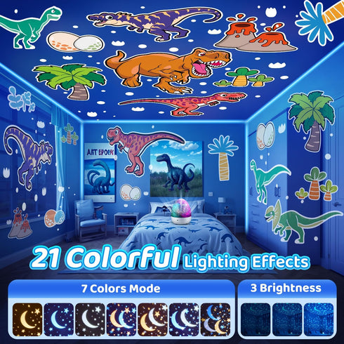 Dinosaur Night Light for Kids, 21 Lighting + 6 Films, 360° Rotate + Remote, 10 Sound Projector Night Light