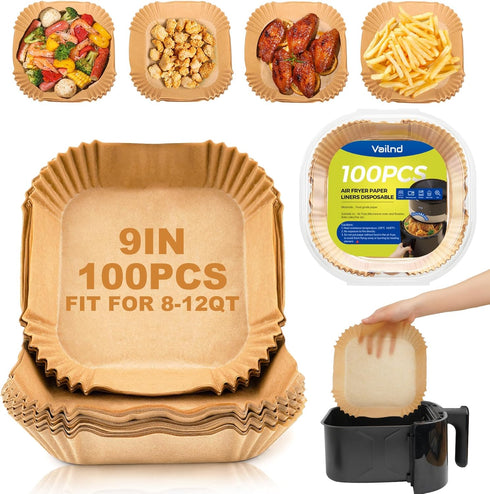 Vailnd Air Fryer Liners Disposable, 100Pcs 9 Inch Oil Proof Parchment Sheets for Air Fryer