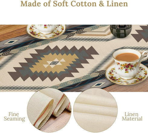 BATPLY Seamless 13x36in x1 Ethnic Aztec Table Runner, Vintage Bohemian Rustic Farmhouse Grey Green Mystic Native Tribal