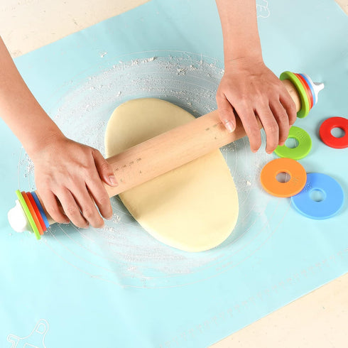 Wood Rolling Pin With 4 Adjustable Thickness Rings, Non-stick Dough Roller For Baking, 17 Inch Pizza Roller For Kitchen supplies, Handle Press Design For Fondant, Pizza, Pie Crust, Cookie