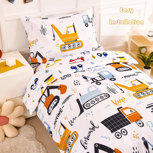 4 Sets Set Set PERFEMET Piece Boys Twin Bedding Car Printed on White Kids Comforter for Boys Reversible Cartoon
