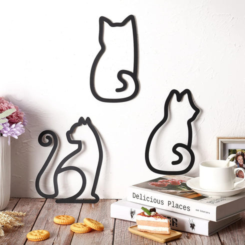 Ferraycle 3 Pieces Black Cat Metal Wall Art, Wire Sign Decor for Kitchen, Restaurant, Christmas Cat Lover Gifts