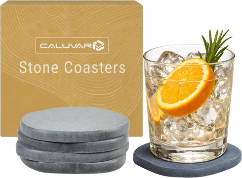 Stone Coasters Slate Set of 4 from Diatomaceous Earth, Fast Absorbing Stone