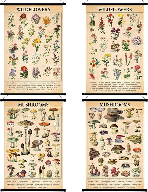 Lewtemi 4 Pcs Vintage Mushroom Wildflowers Poster Fungus Butterfly Tree Wall Hanging