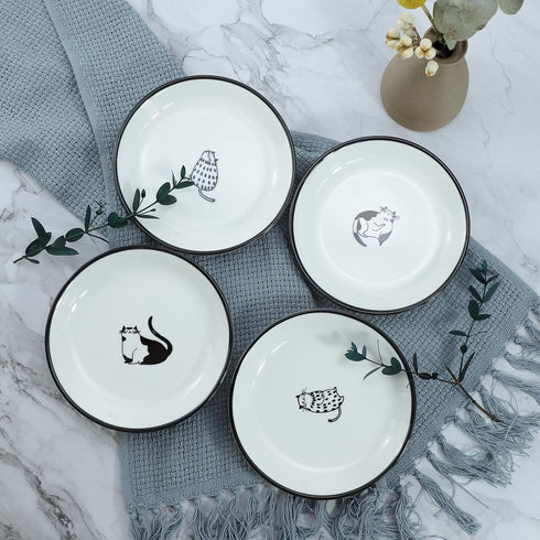Cute Cartoon Gentleman and Dot Cat Ceramic Seasoning Dishes, Set of 4 Sauce Dish for Kitchen (5 Inch)