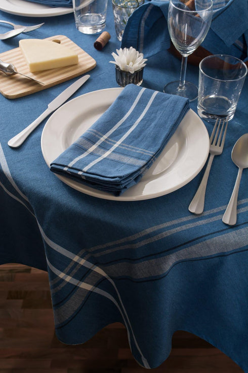 DII French Stripe Dining Table Collection, Farmhouse Style Tablecloth, 70 Inches Round, Blue Chambray