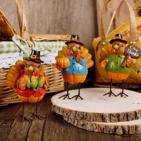 FORUP Thanksgiving Turkey Tabletop Centerpiece Decor, Set of 3 Resin Turkey Friends Decoration for Autumn Harvest