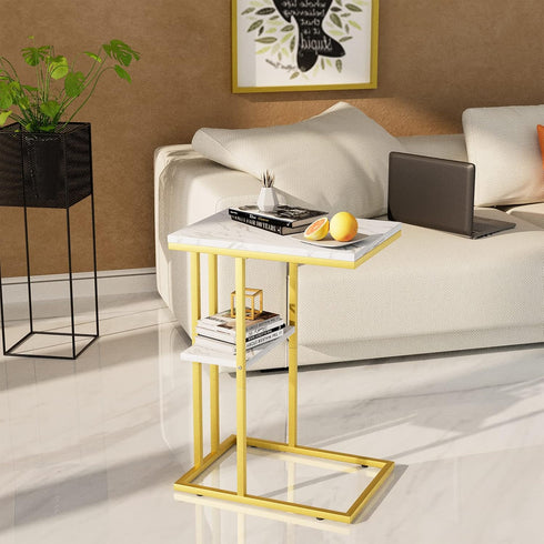 Easy Paws C Shaped End Table,Small Side Table for Couch and Bed, Gold Snack Couch Table for Small Spaces, Living Room