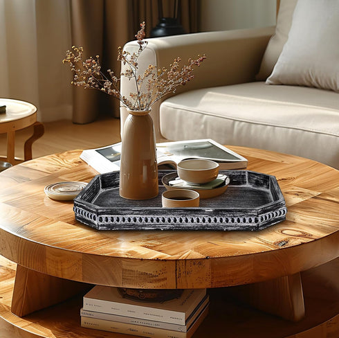 15.7" 10.2" 1.6" MAONAME Wood Serving Tray, Farmhouse Wooden Tray for Coffee Table, Octagonal Beaded Trays, Vintage