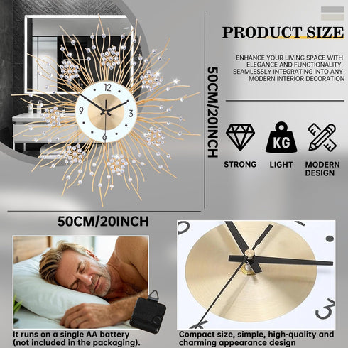 Large Wall Clocks - Silent Sunflower Shape Decorative Wall Clock, Modern Non-Ticking Iron Metal for Living Room