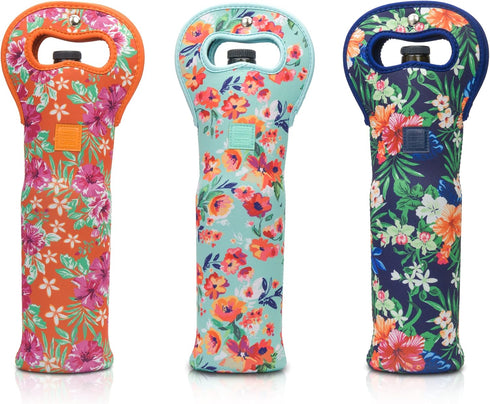 Made Easy Kit Insulated Wine Tote - Neoprene Wine Carrier Bag with Magnetic Handle Clasp, Set of 3 (Floral Patterns)