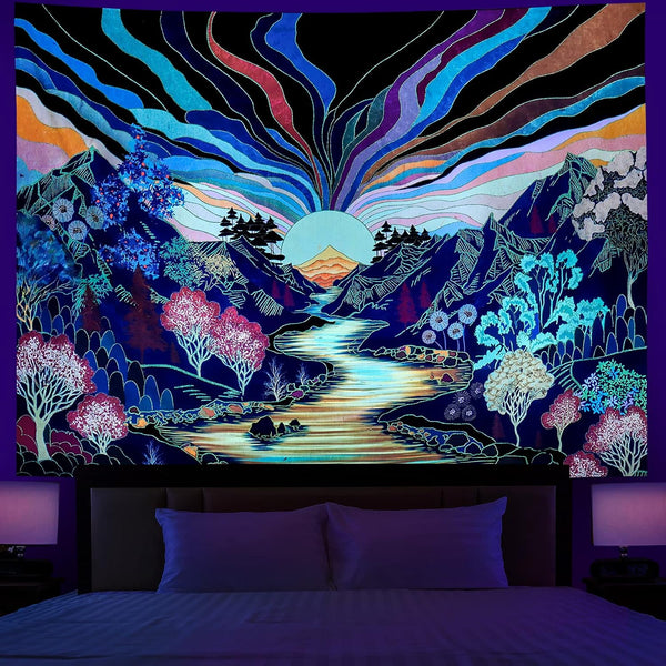 Dermijer Blacklight Forest Mountain Tapestry UV Reactive Retro Landscape Wall Art Tapestry for Home Decor W59.1×H51.2