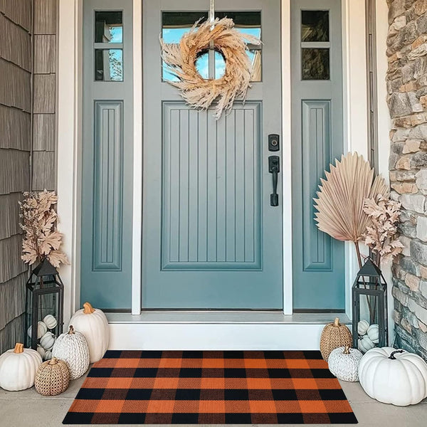 MUBIN Hand-Woven Cotton Rug, 27.5 x 43 Inches, Orange and Black Plaid Fall Outdoor Decorative Mat for Porch