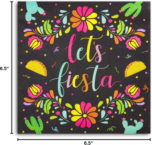 Sparkle and Bash 100 Pack Let's Fiesta Party Napkins (Black, 6.5 In) - Kids Birthday & Cinco de Mayo Decorations