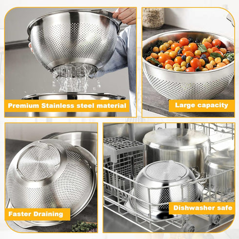 3 Set (2QT, 3QT, 5QT) Pcs Stainless Steel Colander Strainer Metal Colander for Kitchen Pasta Strainer for Rice Food