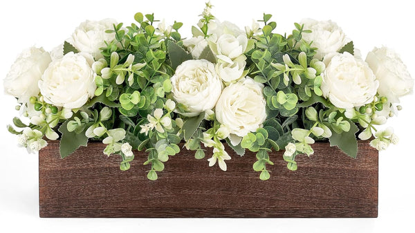 Dahey Centerpiece Table Decorations for Dining Room, Farmhouse Table Decor Wood Tray with 3 Artificial Flowers, 14.1" x