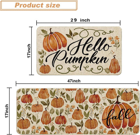 Baccessor Pumpkin Fall Kitchen Mats Set of 2, Pumpkins Floral Non Slip Absorbent Thanksgiving Fall Decor 17x29 17x47