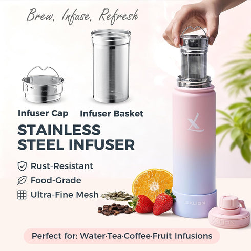 32 Oz 3 Lexlion Tea Infuser Water Bottle Triple Wall Insulated Stainless Steel, Loose Leaf & Fruit Strainer, Leakproof