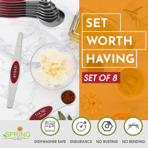 Spring Chef Red Stainless Steel Magnetic Measuring Spoons Set of 8 with Leveler, Kitchen Gadgets for Baking & Cooking