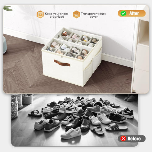 2 Pack Closet, 16 Budding Joy Shoe Organizer for Clear Foldable Shoe Storage Containers Adjustable Dividers Fits