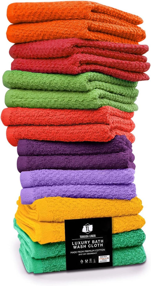 Tukasa Linens 16 Pack 12x12 Inches, Cotton Washcloths for Body and Face, Multipurpose and Lightweight Wash Clothes