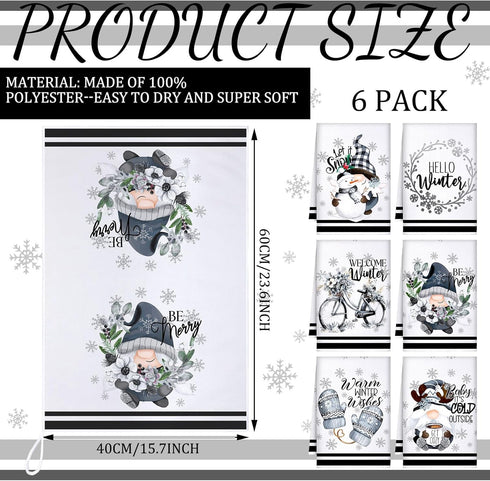 6 Preboun Pcs Hello Winter Kitchen Towels Snowman Gnome Dish Snowflake Tea Christmas Hand Drying Towels Baking Cooking
